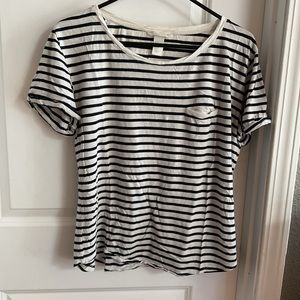 Basic - Short Sleeve Round Neck Tee - Black & White Striped - Ladies Size Medium